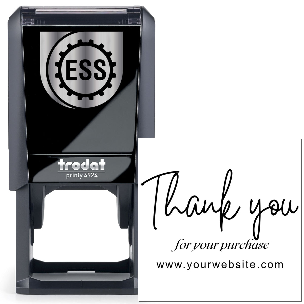 Black self-inking ESS stamp and seal with silver gear logo beside a Thank you imprint card.