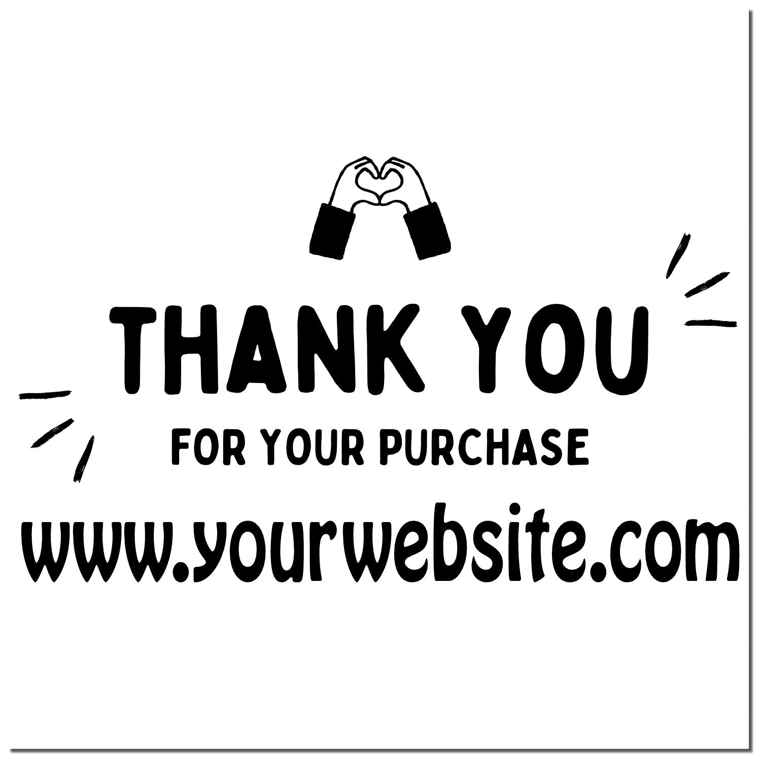 Black thank-you stamp seal with heart-hands icon and website line: www.yourwebsite.com