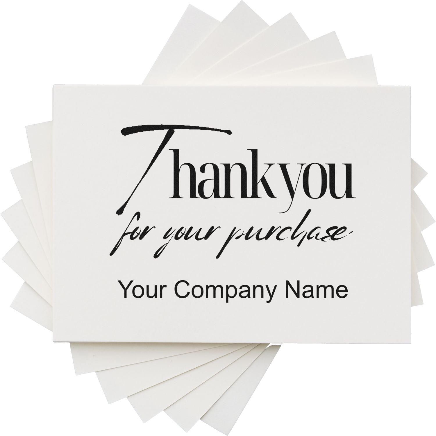 White custom thank-you stamp and seal cards with black text, layered paper samples, and company name placeholder.