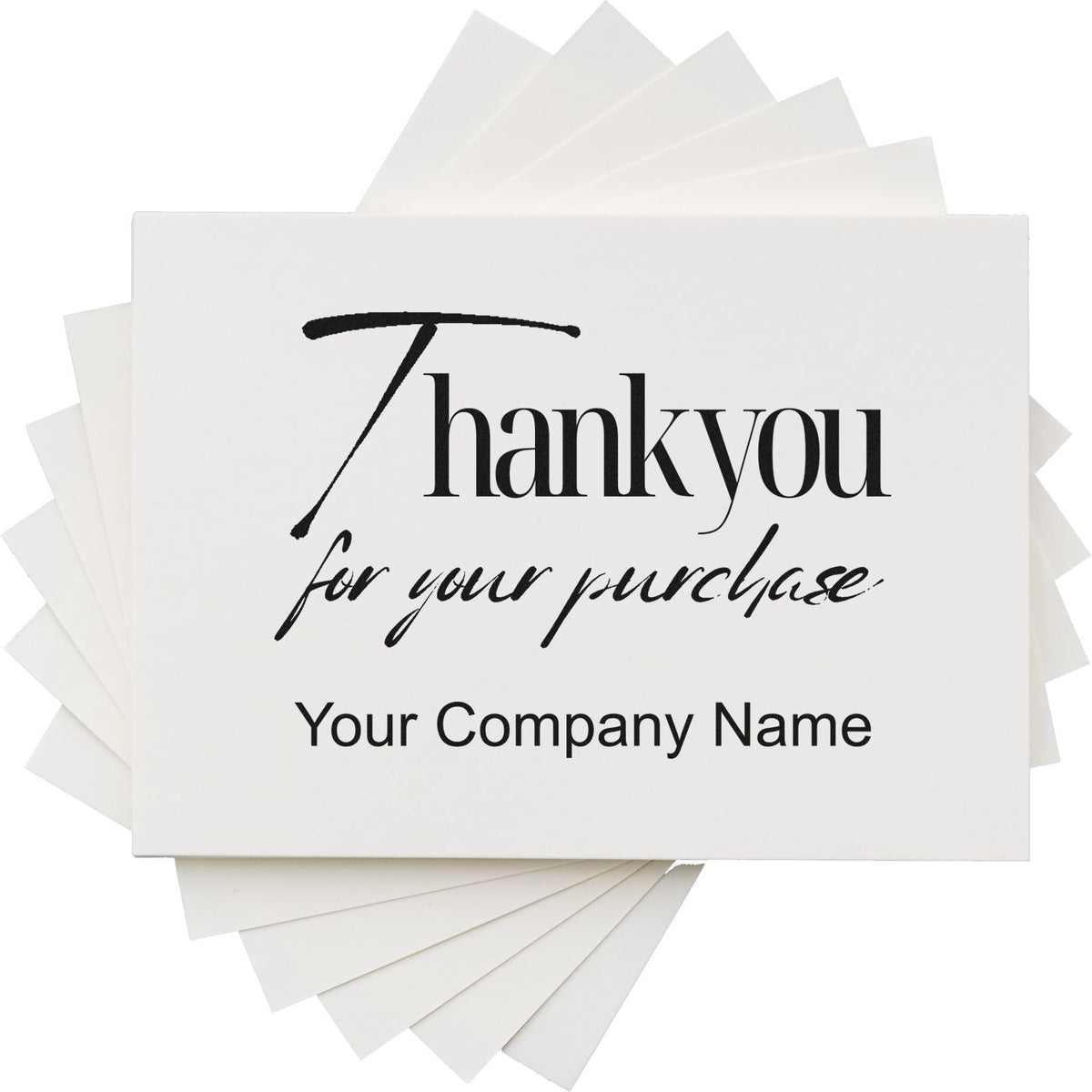 White custom stamp and seal cards with black Thank you for your purchase text and company name.