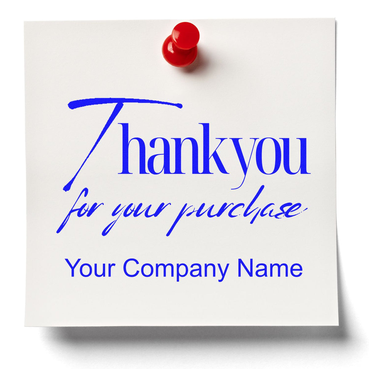 Blue thank-you stamp and seal on white card with red pushpin and Your Company Name
