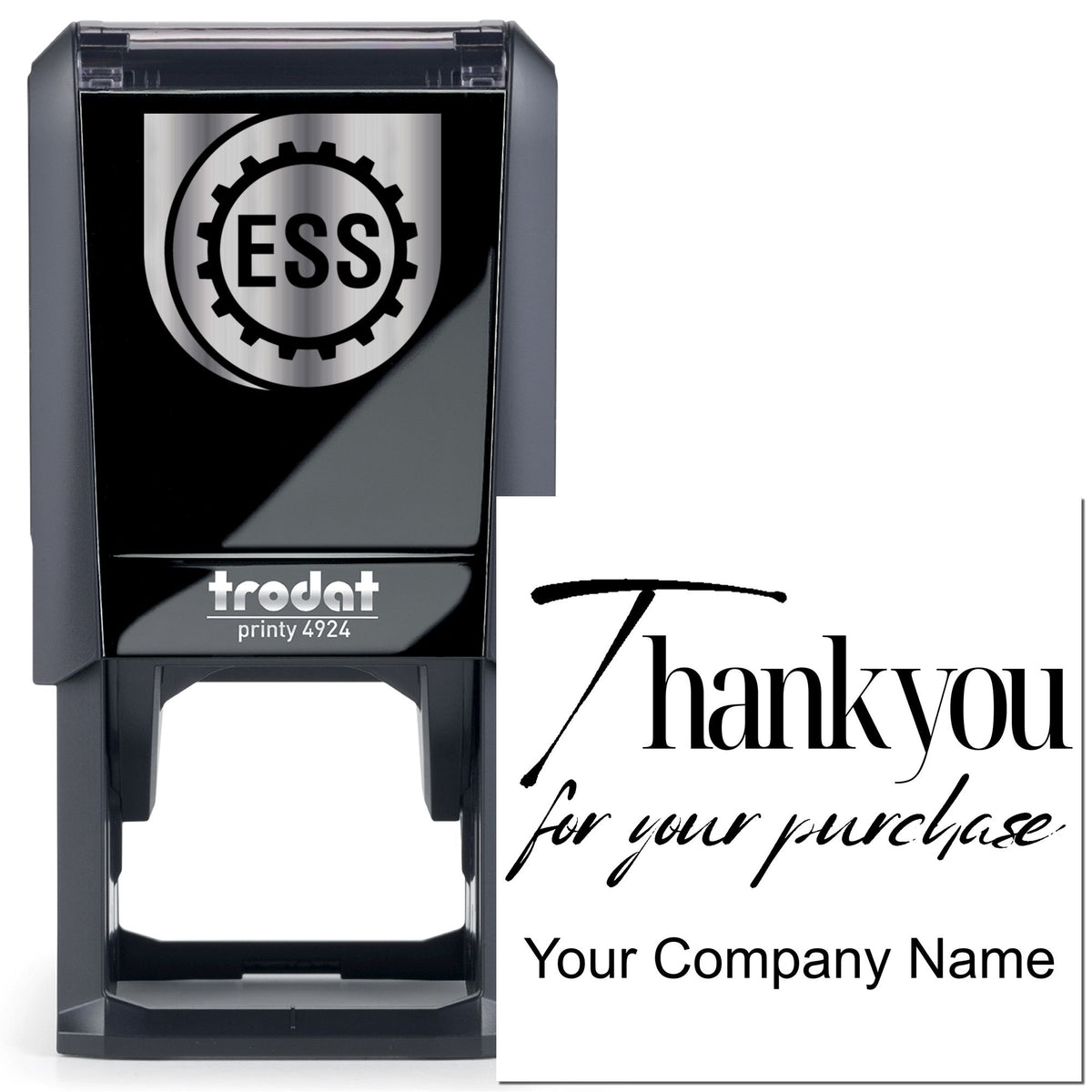 Black self-inking company stamp and seal with ESS gear logo, silver accents, and custom Thank you for your purchase imprint.