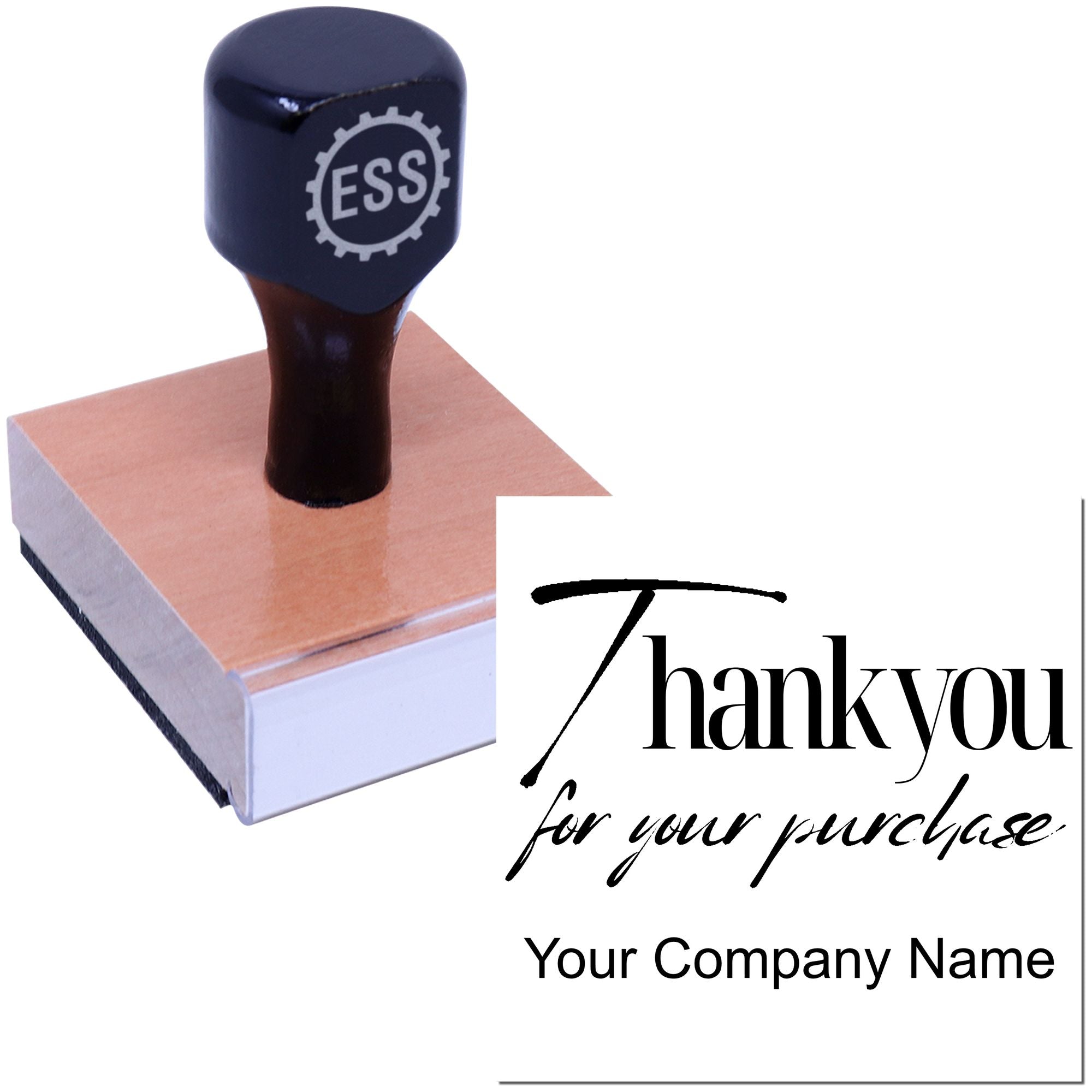 Black ESS rubber stamp with wooden base, showing a Thank you for your purchase seal and company name on white.