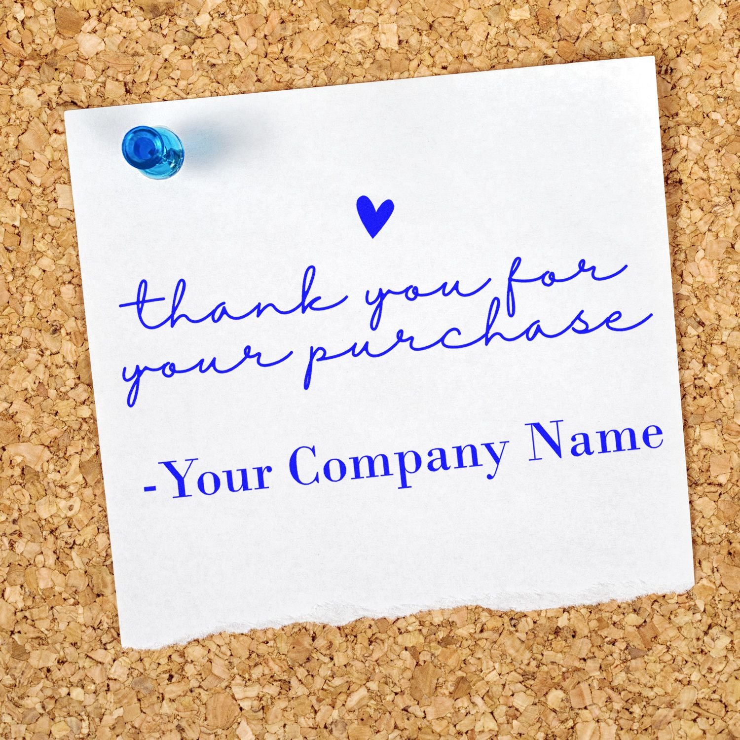 Blue custom thank you stamp on white paper, pinned to corkboard, with heart icon and company name seal.