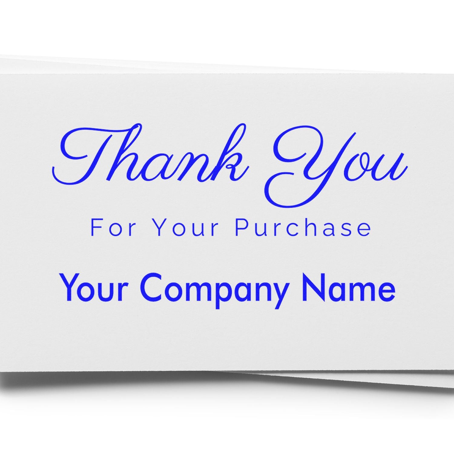 Custom blue thank-you stamp for seal products on white paper, reading “Thank You For Your Purchase” and “Your Company Name”.