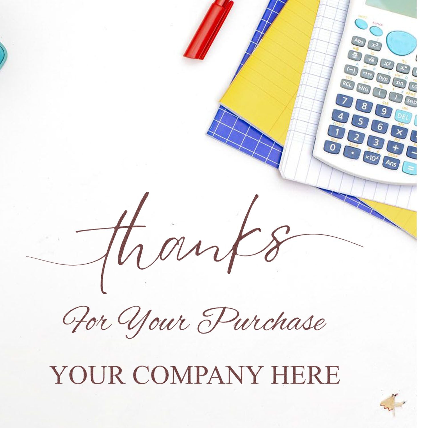 Custom thank-you stamp and seal card with calculator, notebooks, and red pen on a white background