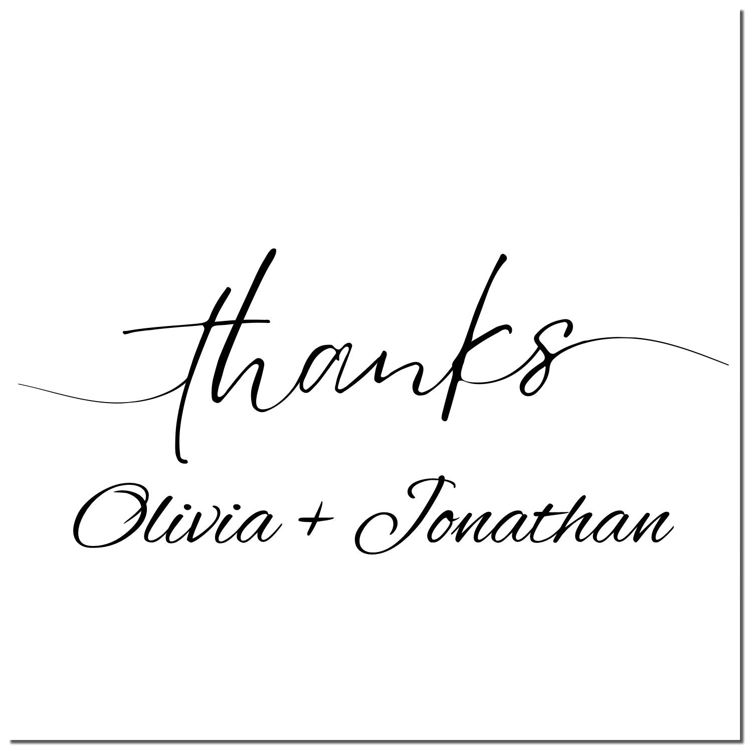 Black cursive thank-you stamp seal with Olivia + Jonathan on a white background