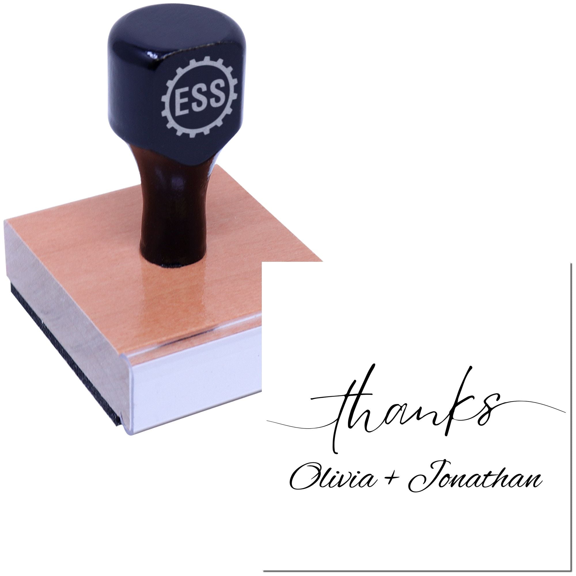Black ESS rubber stamp on wooden block with white seal design and script thanks for Olivia + Jonathan