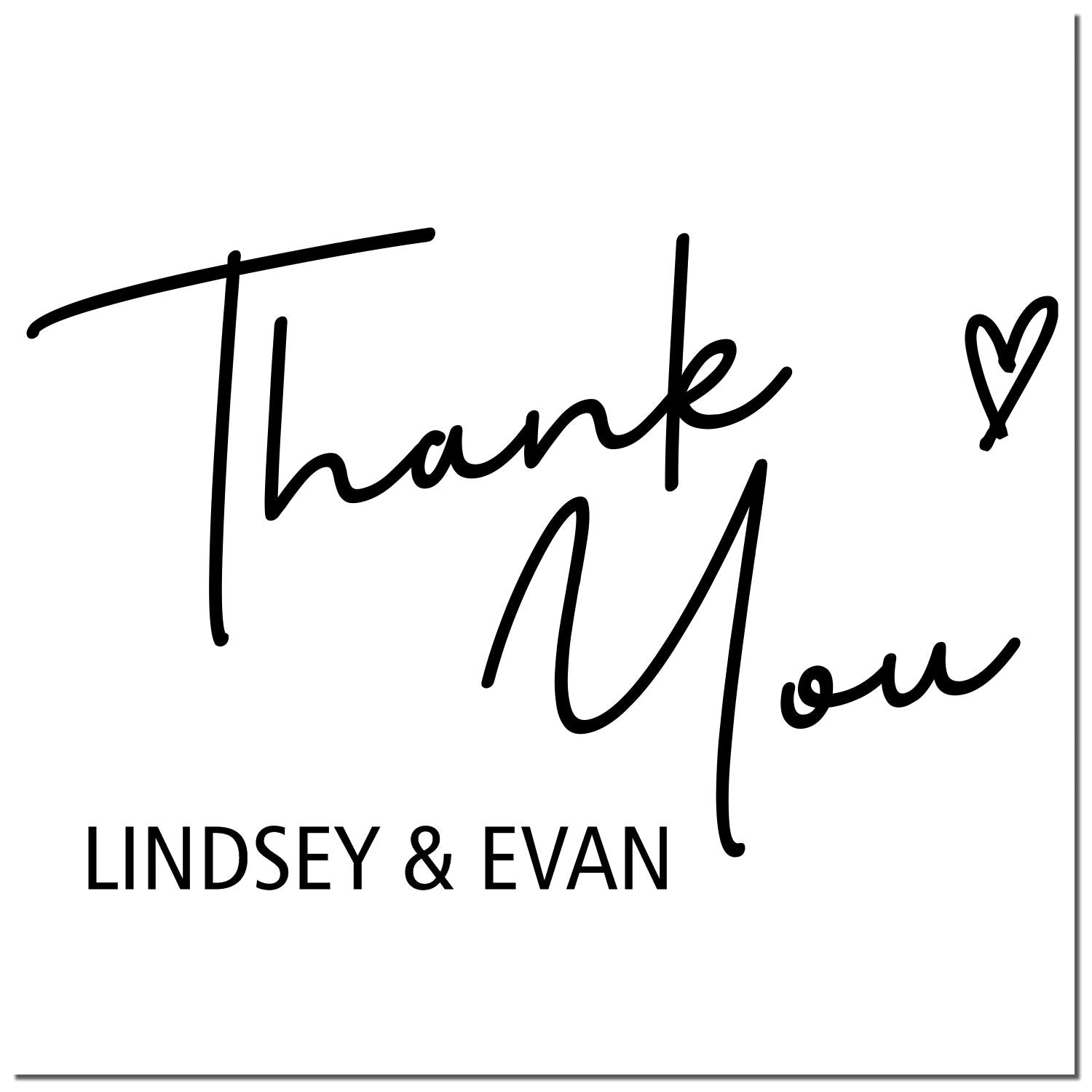 Black handwritten Thank You stamp and seal with heart, personalized for Lindsey & Evan on a white background.