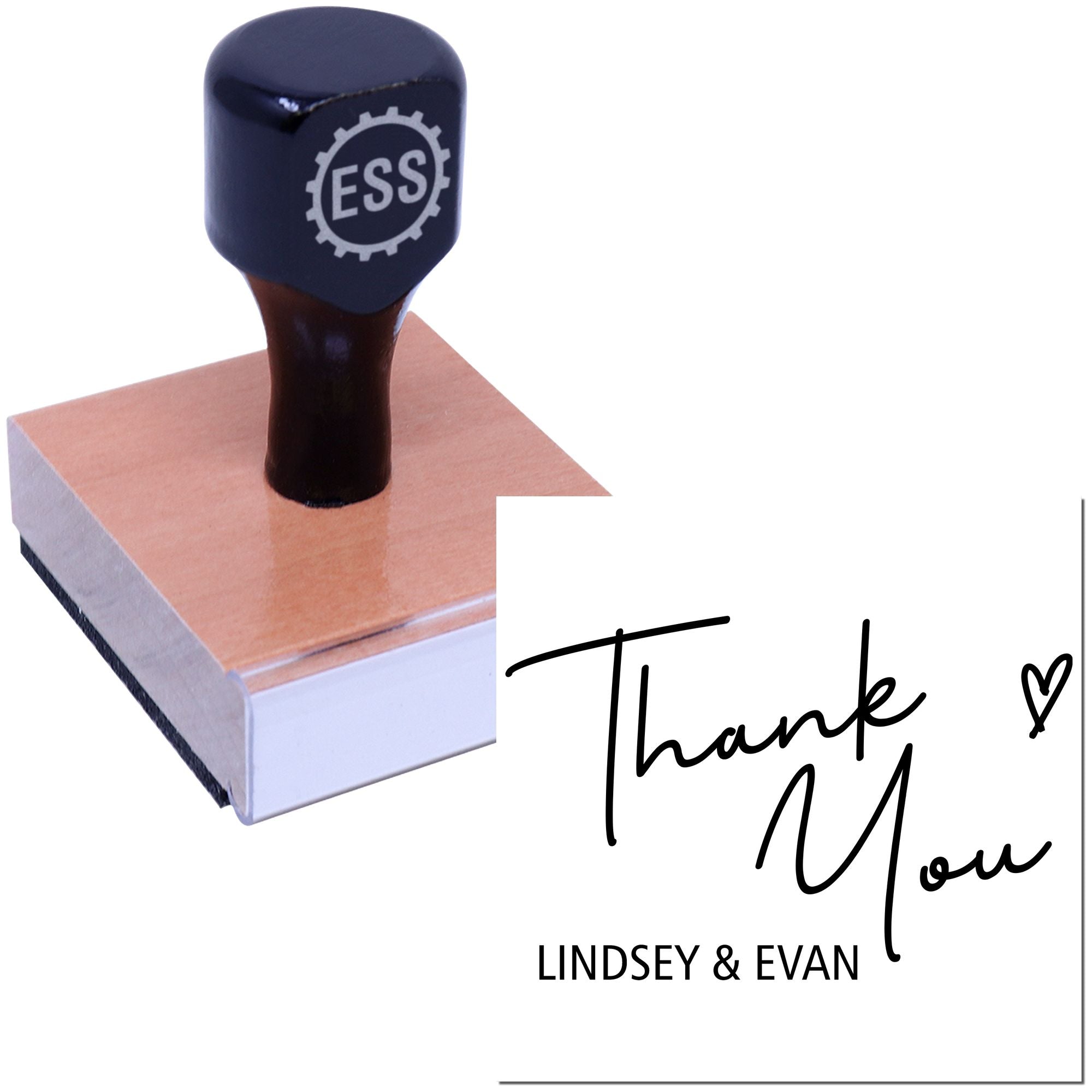 Black ESS stamp seal on a rose-gold block beside a white thank-you card with black script and Lindsey & Evan.