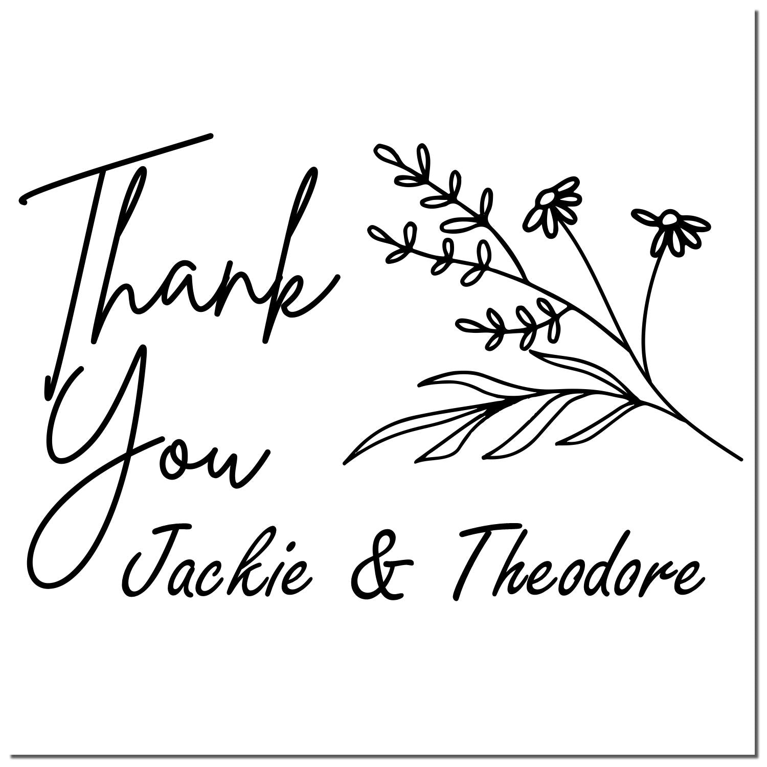 Black custom thank-you stamp with floral line art and script text for Jackie & Theodore on white background.