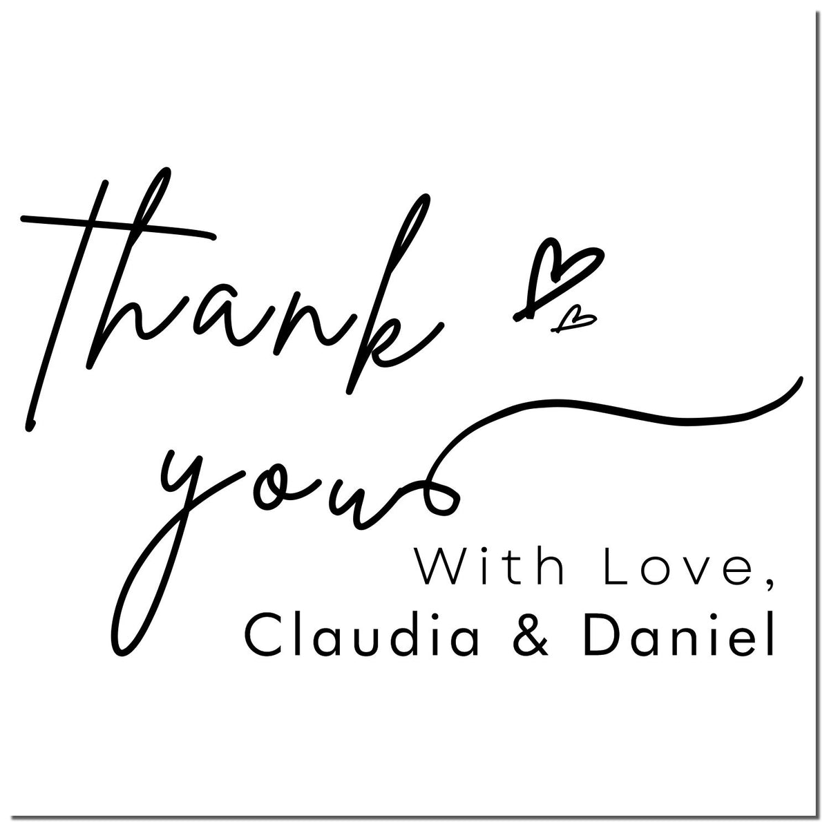 Black custom thank-you stamp and seal with hearts, reading With Love, Claudia & Daniel on white background.