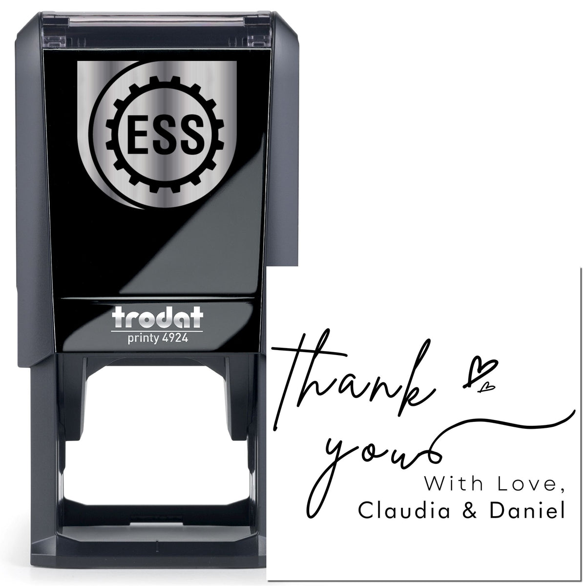 Black self-inking stamp and seal with silver ESS gear logo, printing handwritten thank you and With Love, Claudia & Daniel.