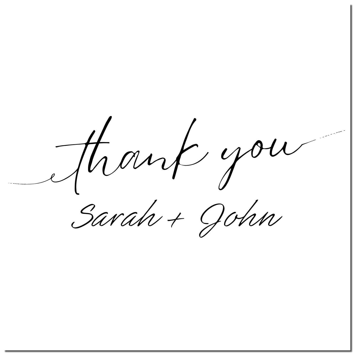 Black script thank-you stamp seal reading Sarah + John on a white background