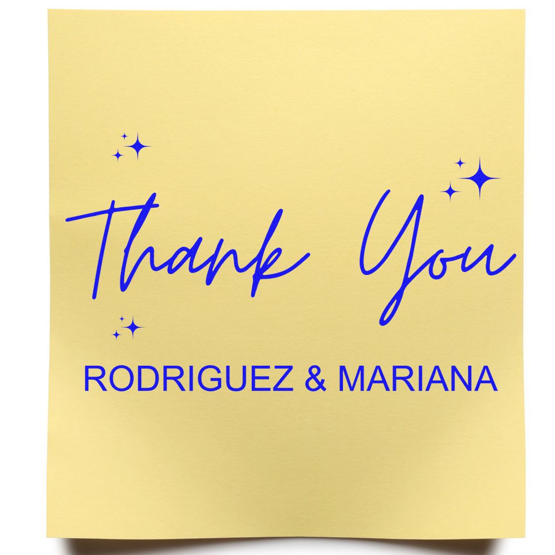 Gold thank-you stamp and seal with blue script, sparkles, and Rodrigues & Mariana in bold blue.