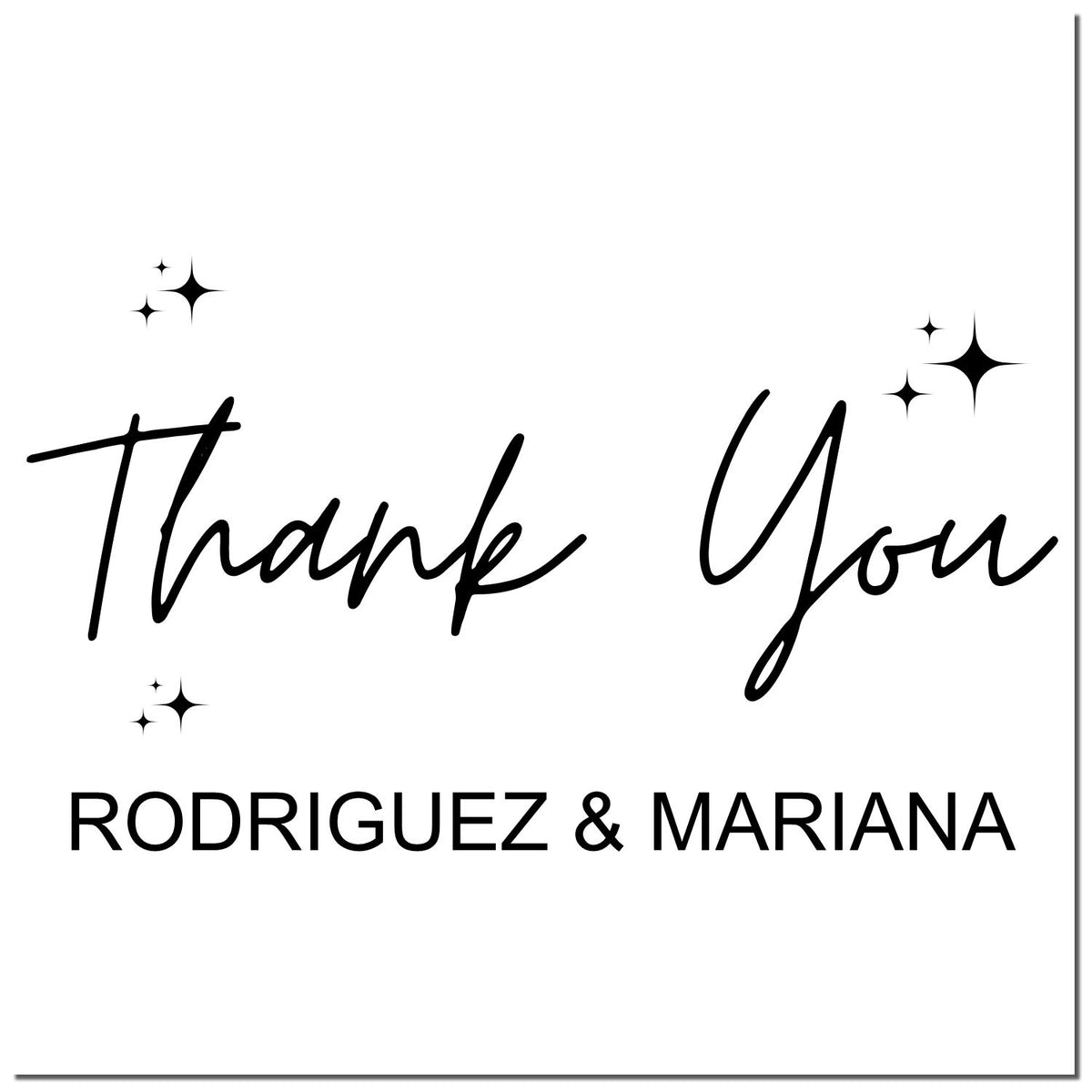 Custom thank you stamp seal in black script with sparkles and Rodriguez & Mariana on white background