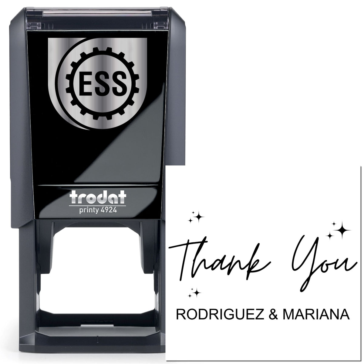 Black self-inking stamp and seal with ESS logo, Trodat Printy 4924, and Thank You Rodriguez & Mariana on white card.