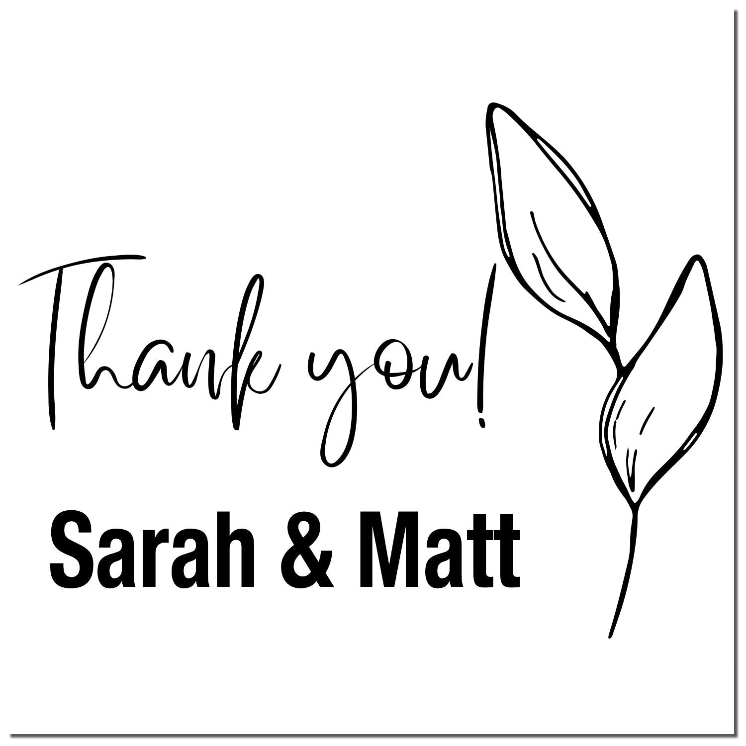 Black custom thank-you stamp and seal with leaf line art, featuring Sarah & Matt on a white background