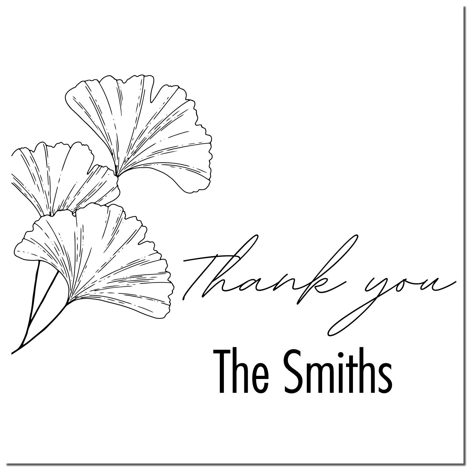 Custom black ginkgo leaf thank-you stamp seal for The Smiths on white background.