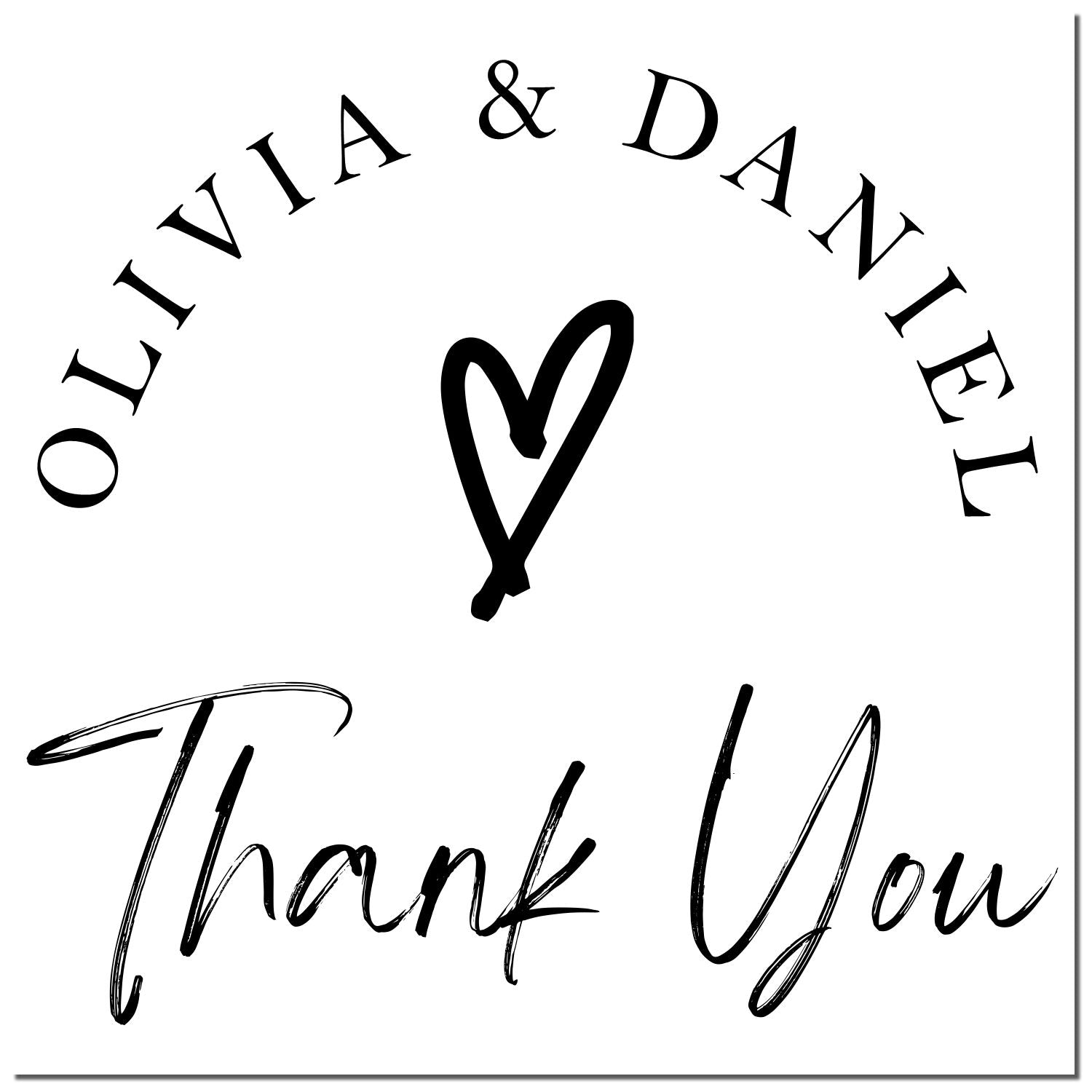 Black custom wedding stamp seal with Olivia & Daniel around a heart and handwritten Thank You on white.