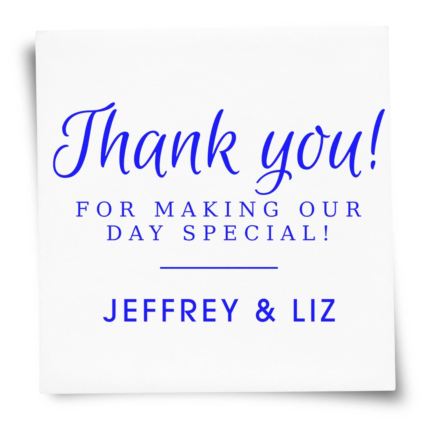 Blue custom thank-you stamp seal with script Thank you! and Jeffrey & Liz on a white square card