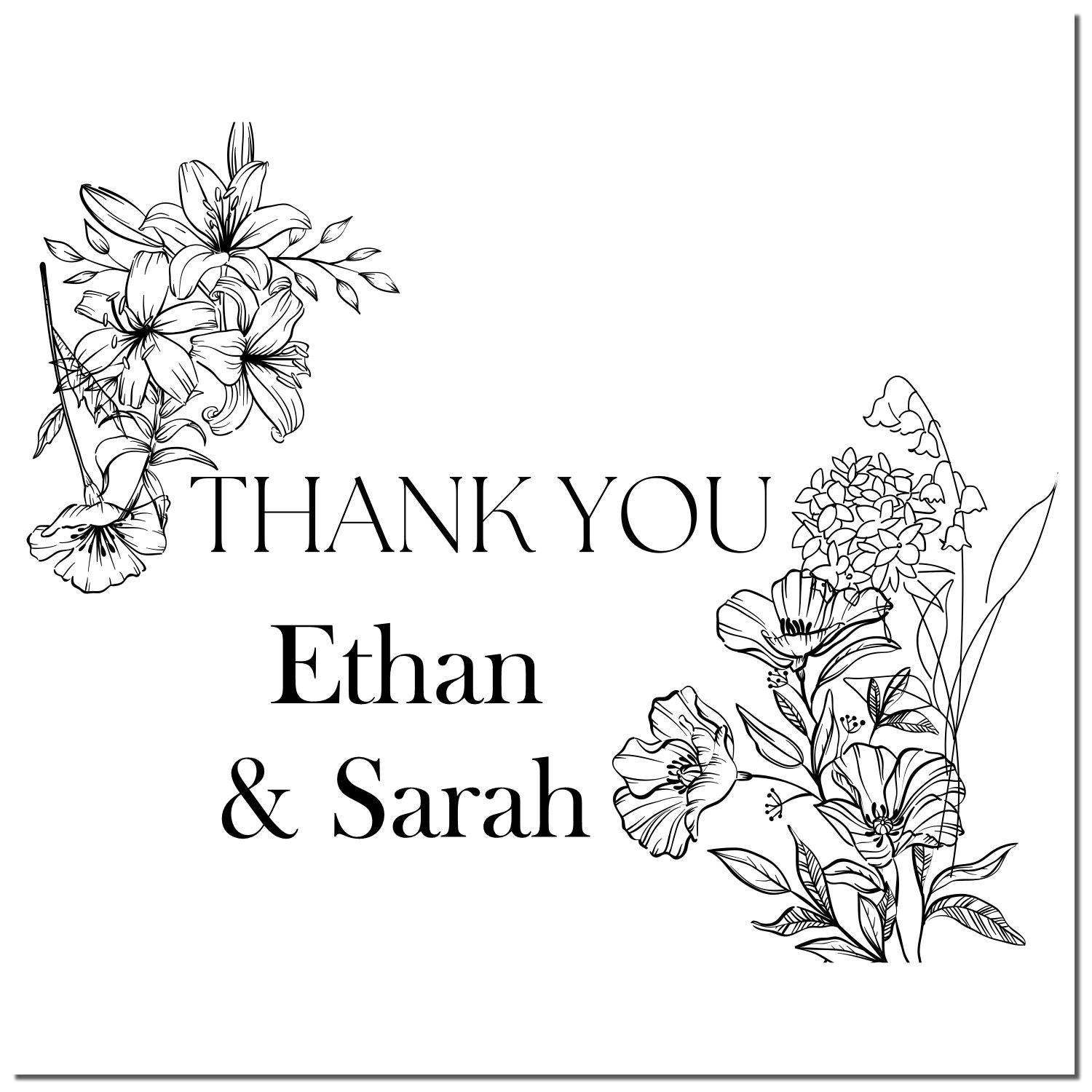 Black floral thank-you stamp seal with Thank You Ethan & Sarah text and elegant botanical line art.