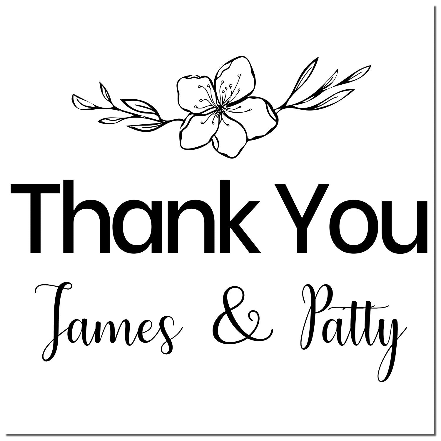 Black thank-you stamp and seal with floral line art and script names James & Patty on a white background.