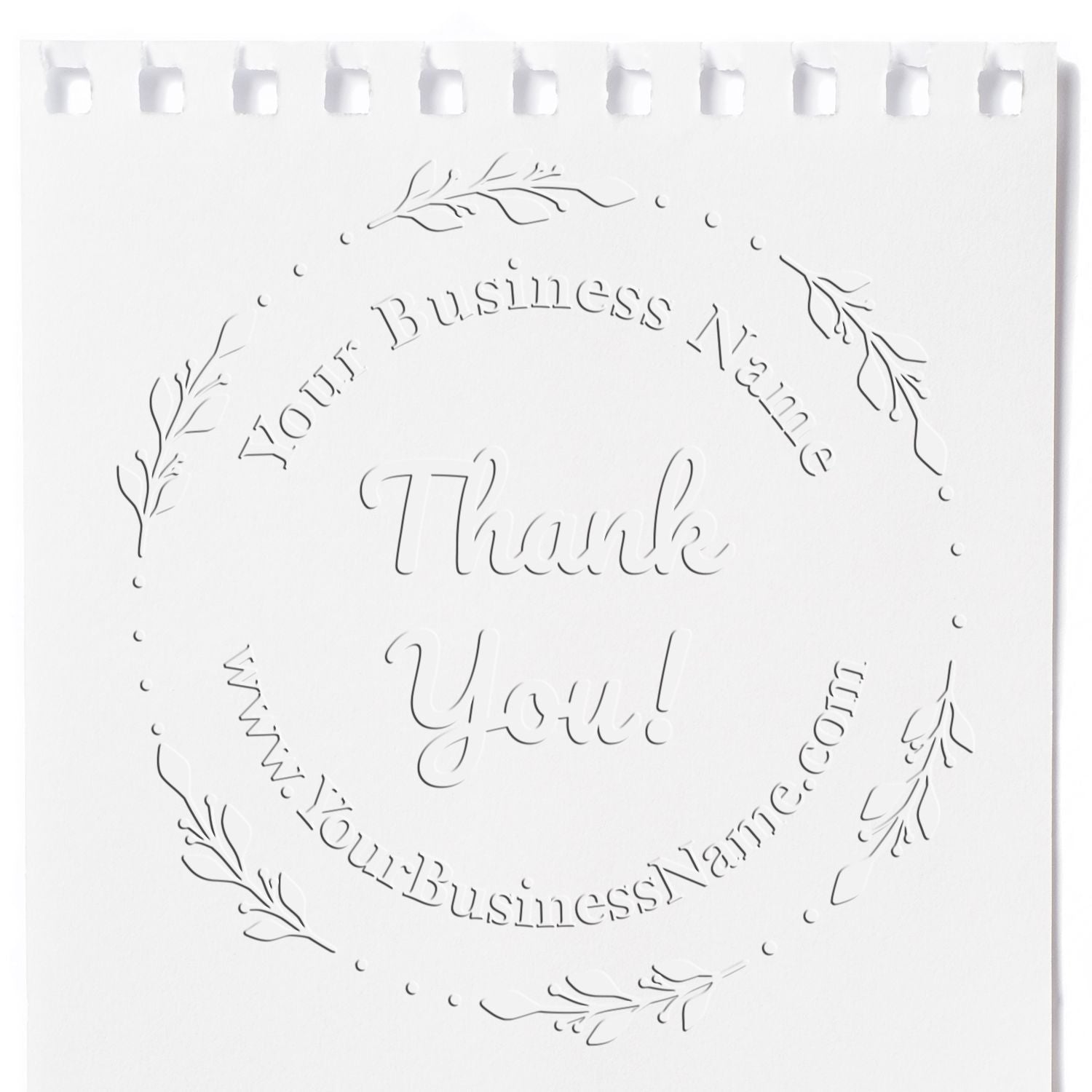 White embossed round thank-you business stamp seal with leafy wreath, dotted border, customizable name, and website.