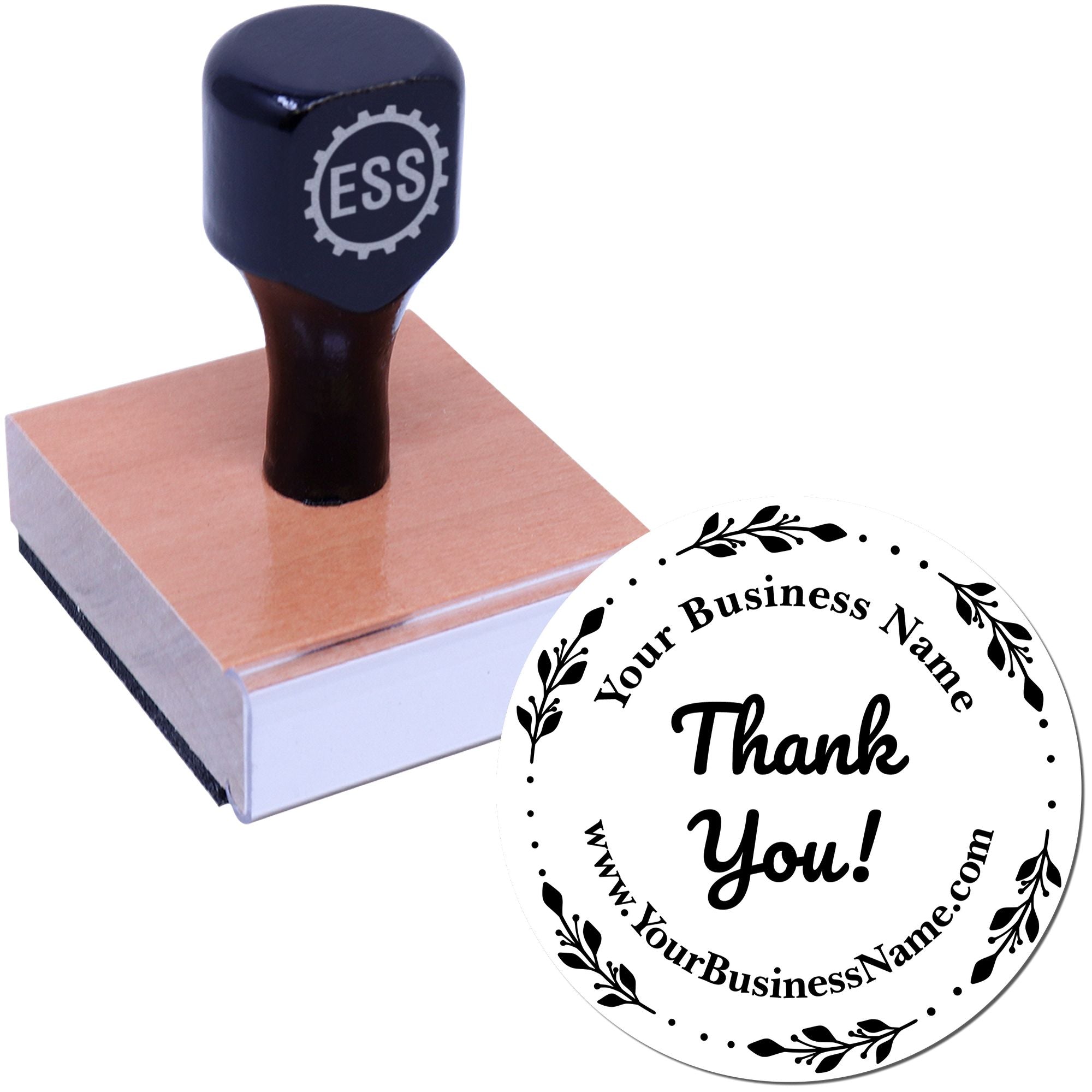 Navy self-inking stamp with ESS logo on a wooden block beside a white custom thank-you seal.