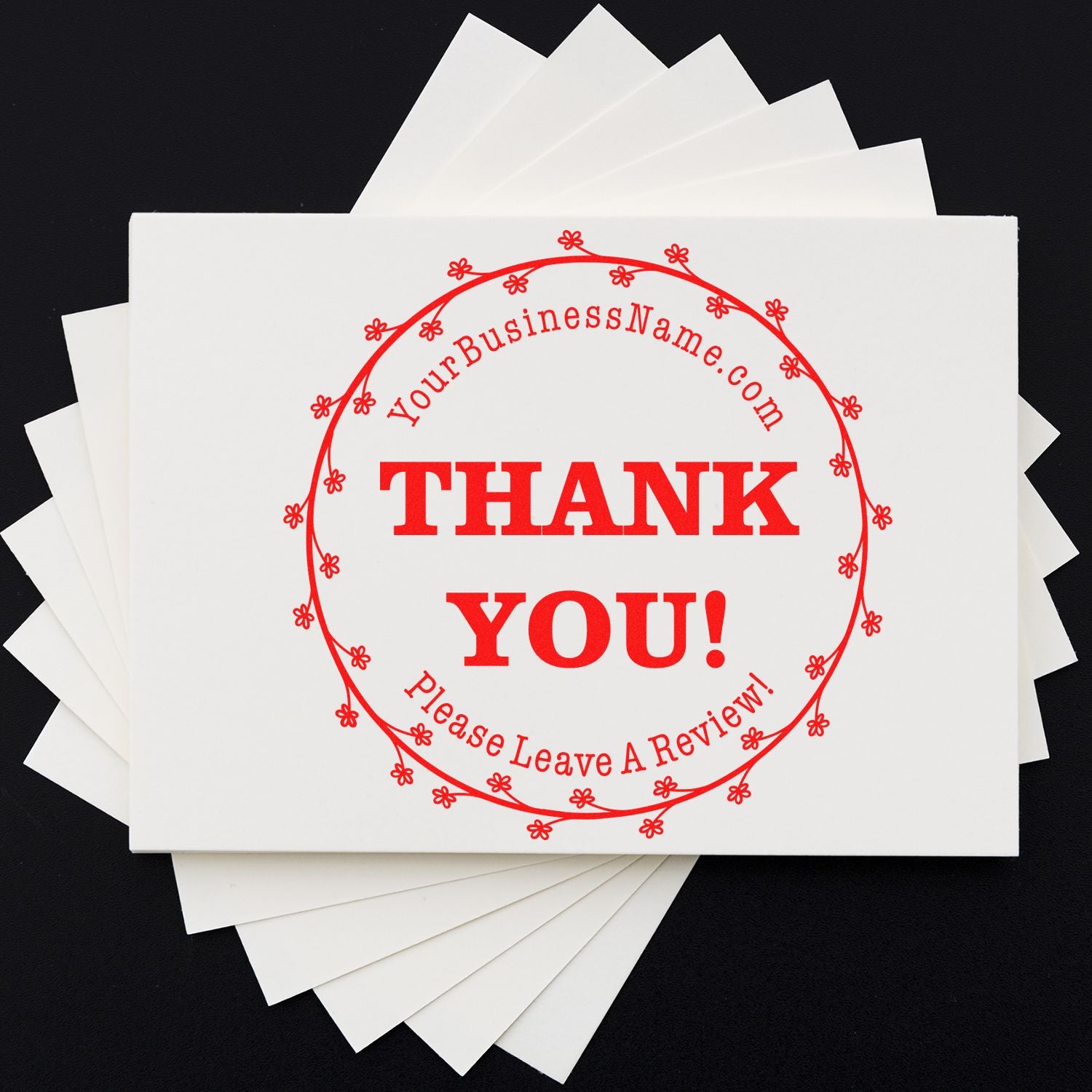 White stamp and seal cards with a red Thank You! review logo and floral border on a black background.