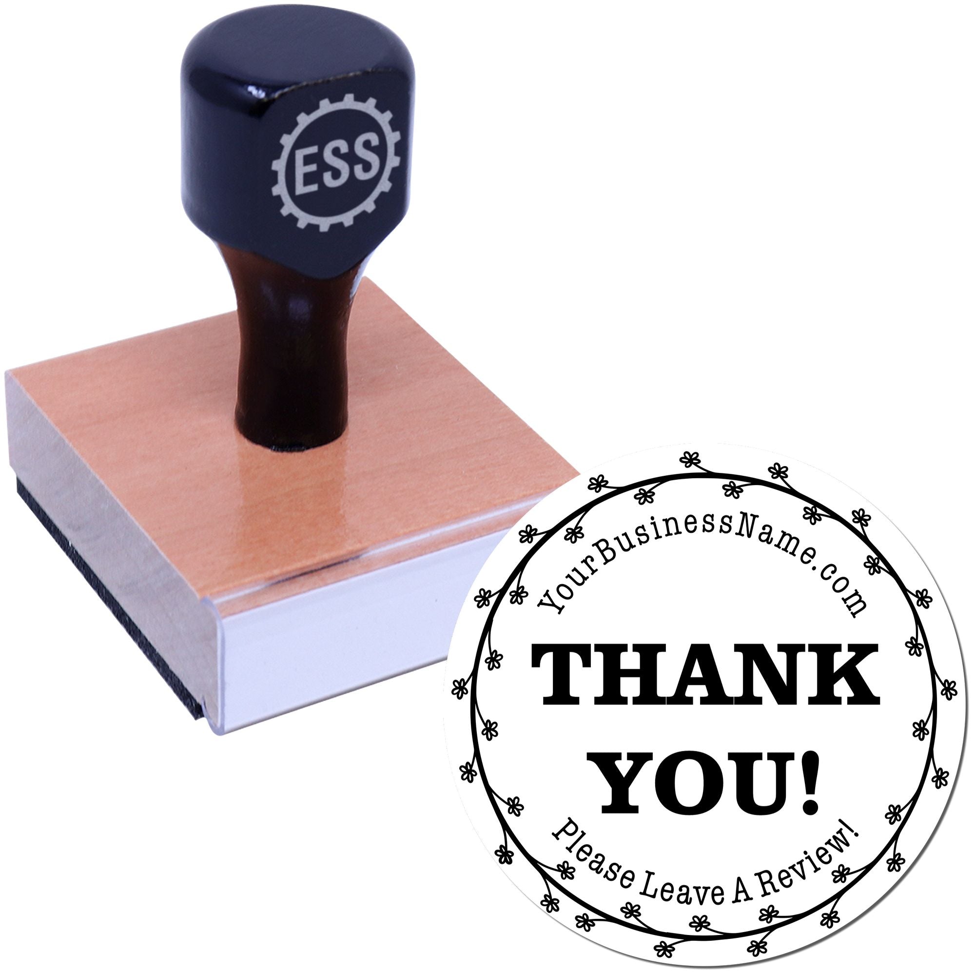 Navy blue custom rubber stamp on wooden base with black-and-white thank-you seal for business reviews