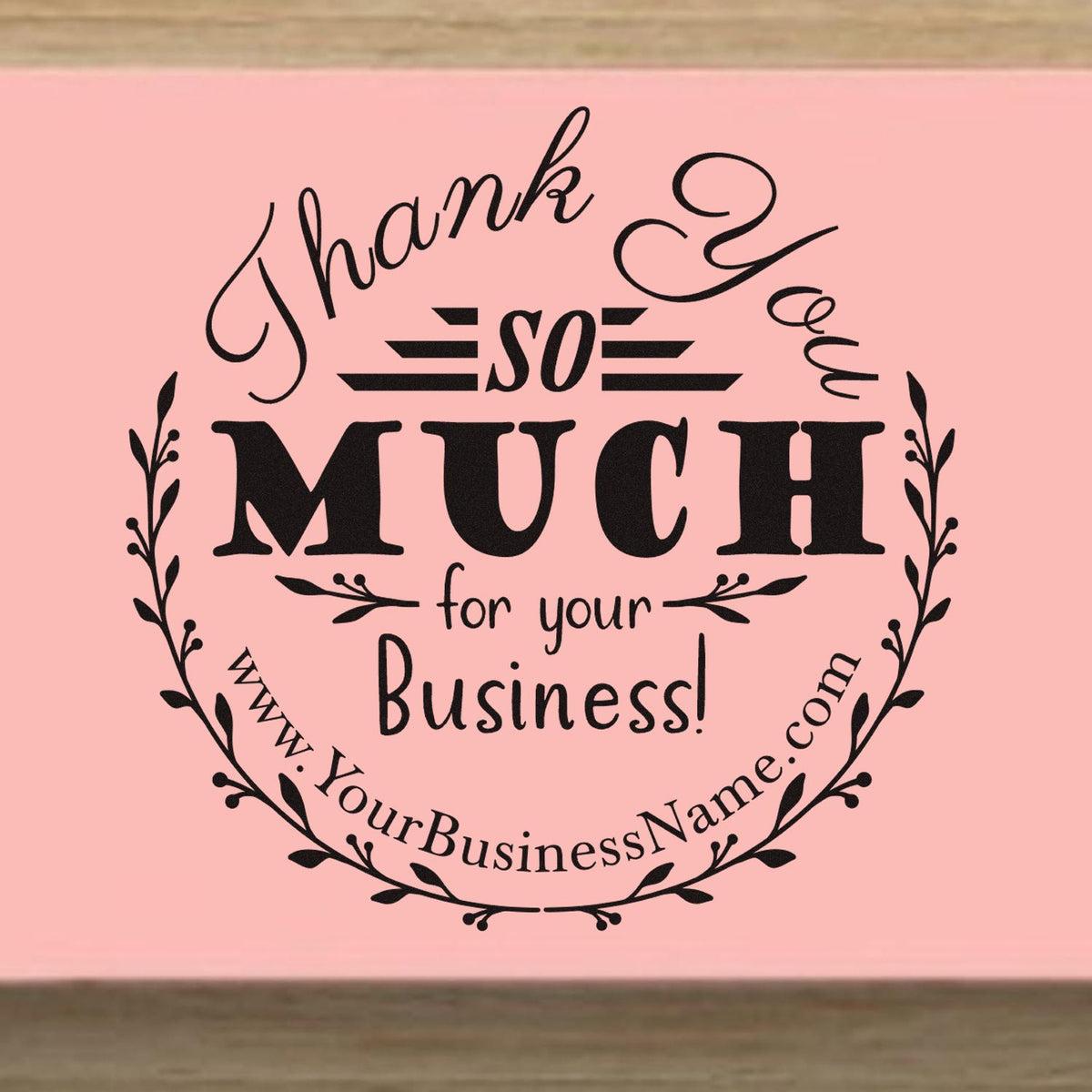 Ess Round Bold Flourish Thank You Stamp in use, showcasing elegant custom thank you message on paper.