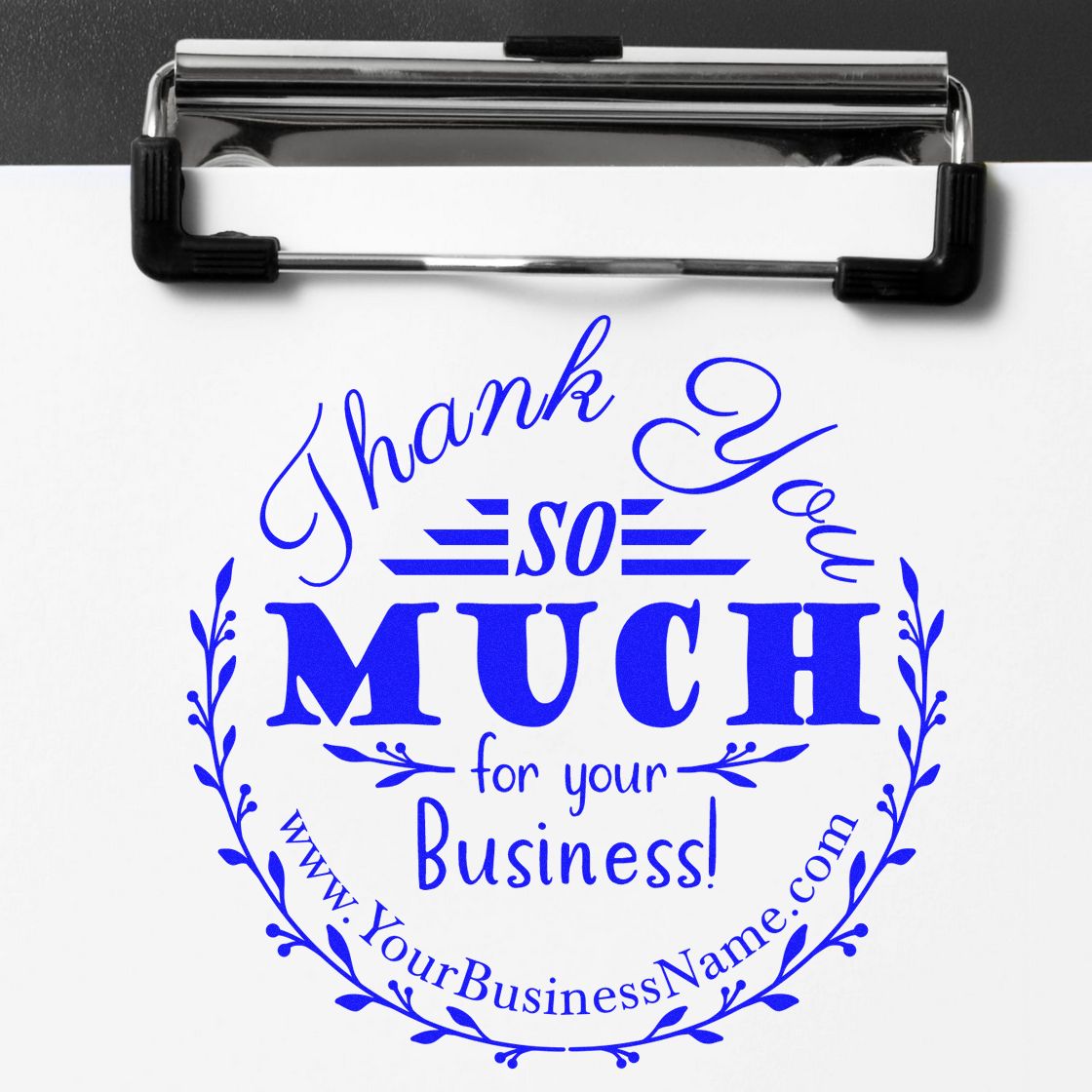 ESS Round Bold Flourish Customized Thank You Stamp in use, showcasing elegant thank you message on paper.