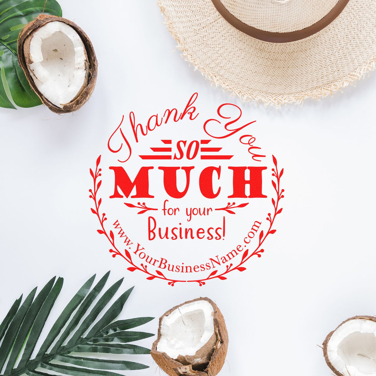 ESS Round Bold Flourish Customized Thank You Stamp in use, showcasing elegant design on a thank you card.