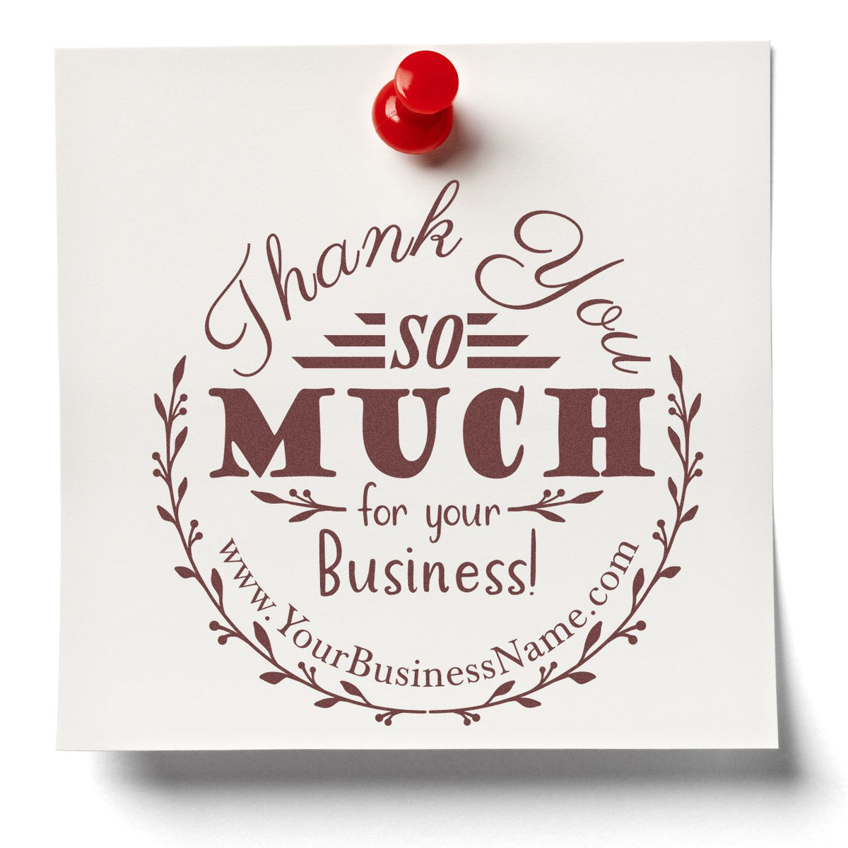 ESS Round Bold Flourish Customized Thank You Stamp in use, showcasing elegant lettering on a greeting card.