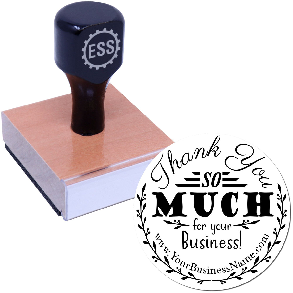 Black round thank you stamp with bold flourish design on wooden handle, customized for elegant thank you notes by ESS.