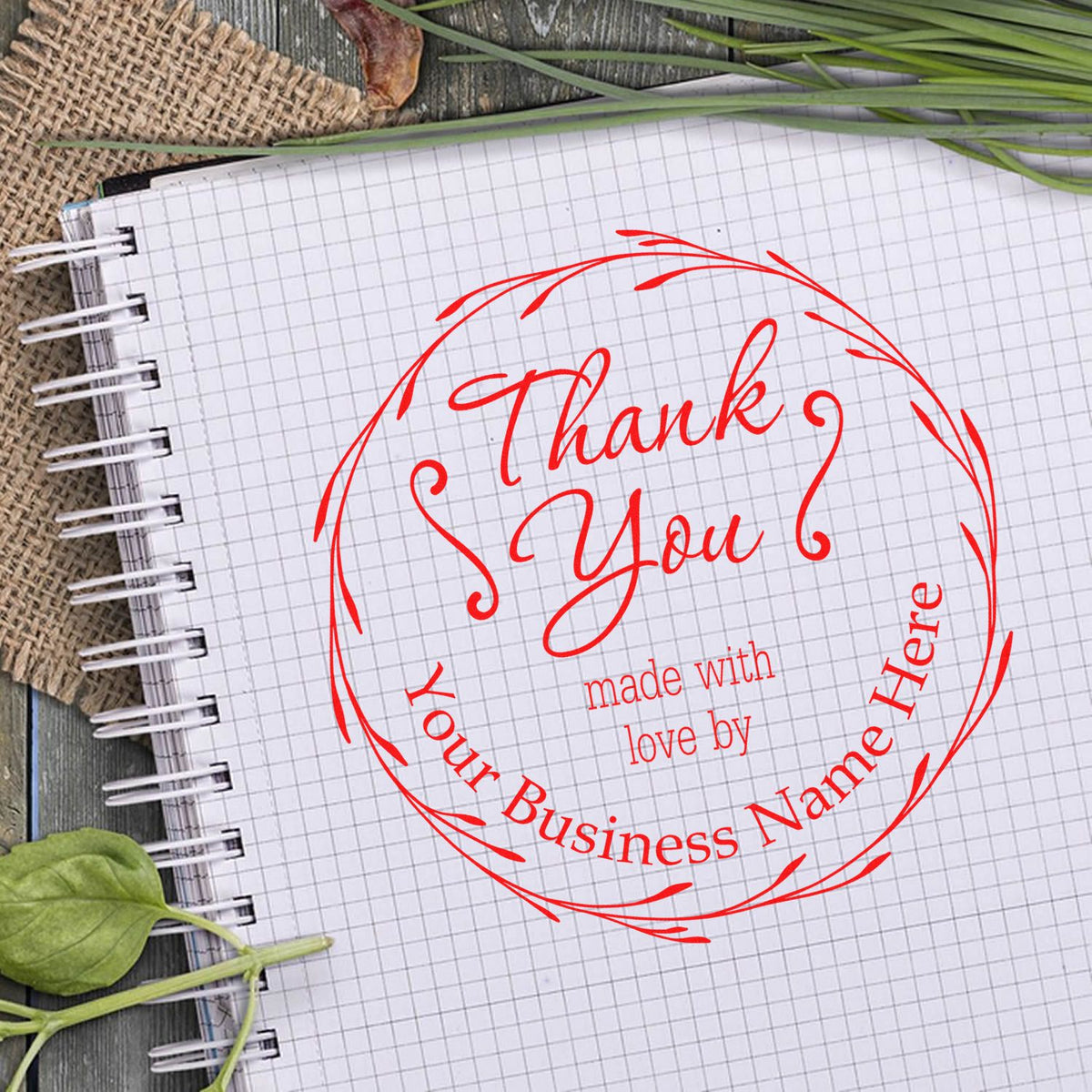 ESS Round Personalized Touch Thank You Stamper in use, showing customized thank you message on a stamp.