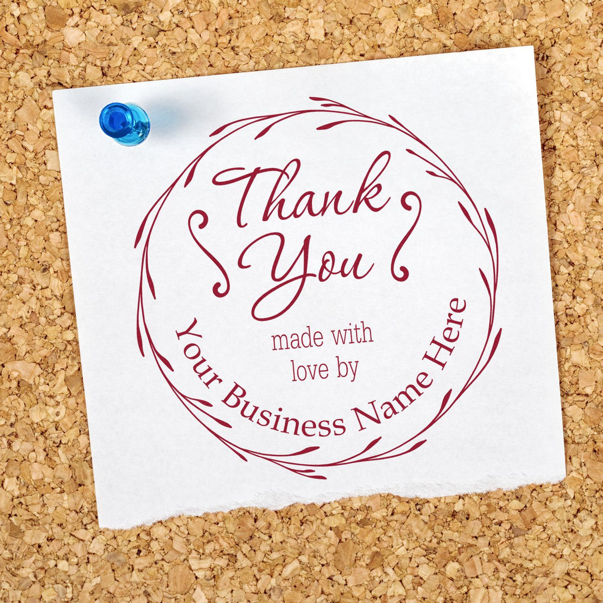ESS Round Personalized Touch Thank You Stamp in use, showing customized thank you message on a clear inked stamp pad.