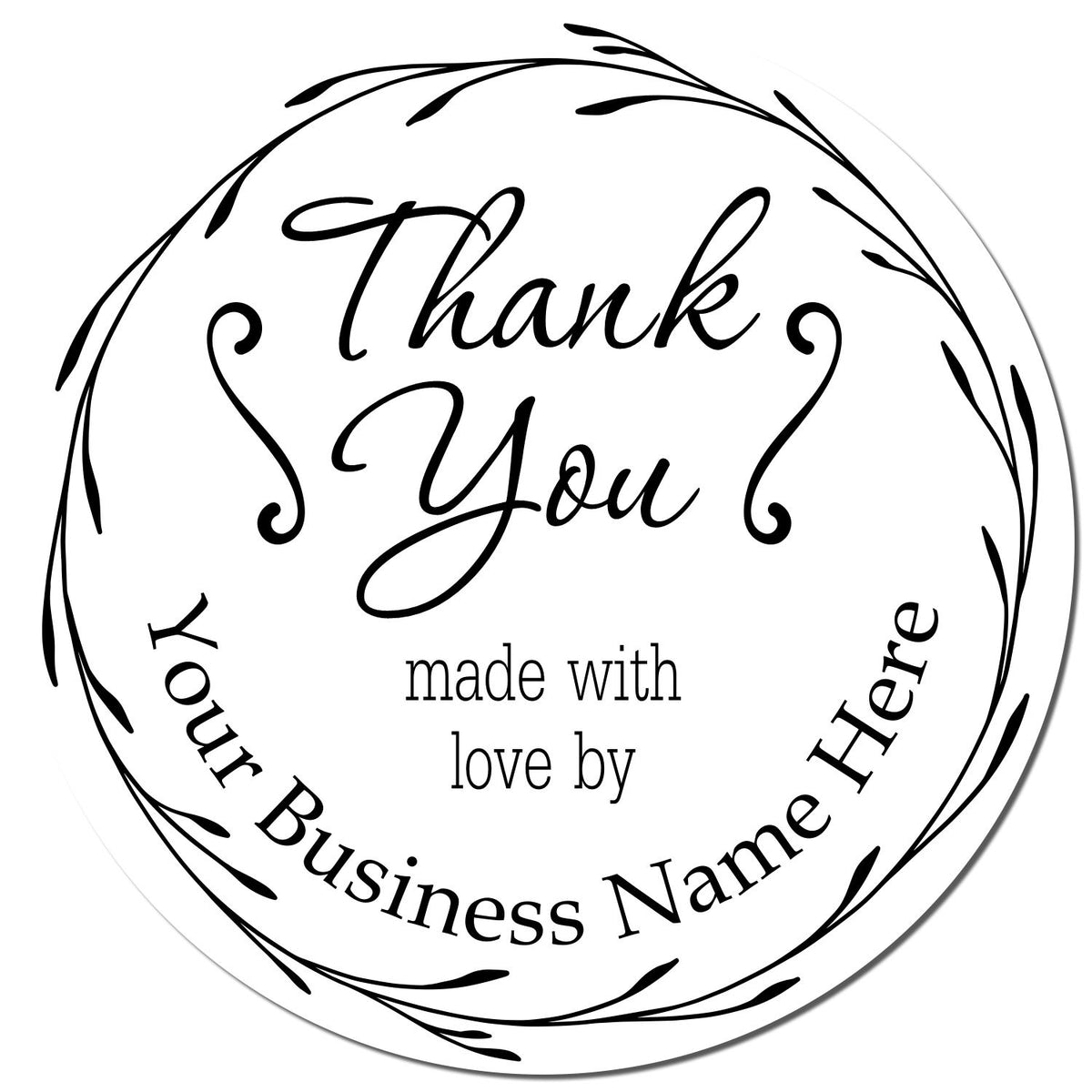 Black round personalized ESS thank you stamper with customizable touch imprint on stamped paper.