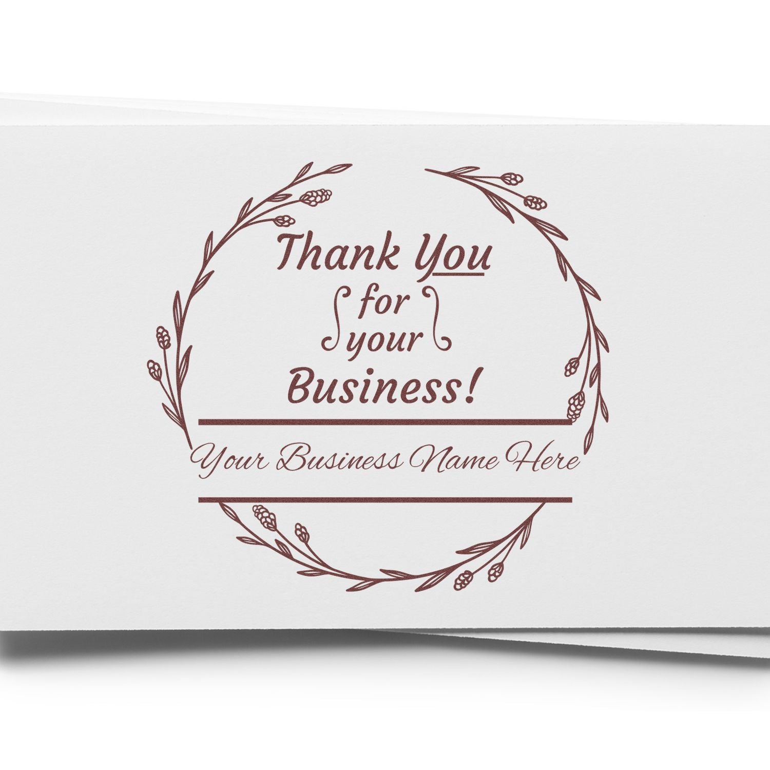 Brown floral thank-you business stamp seal on white paper with wreath border and customizable business name