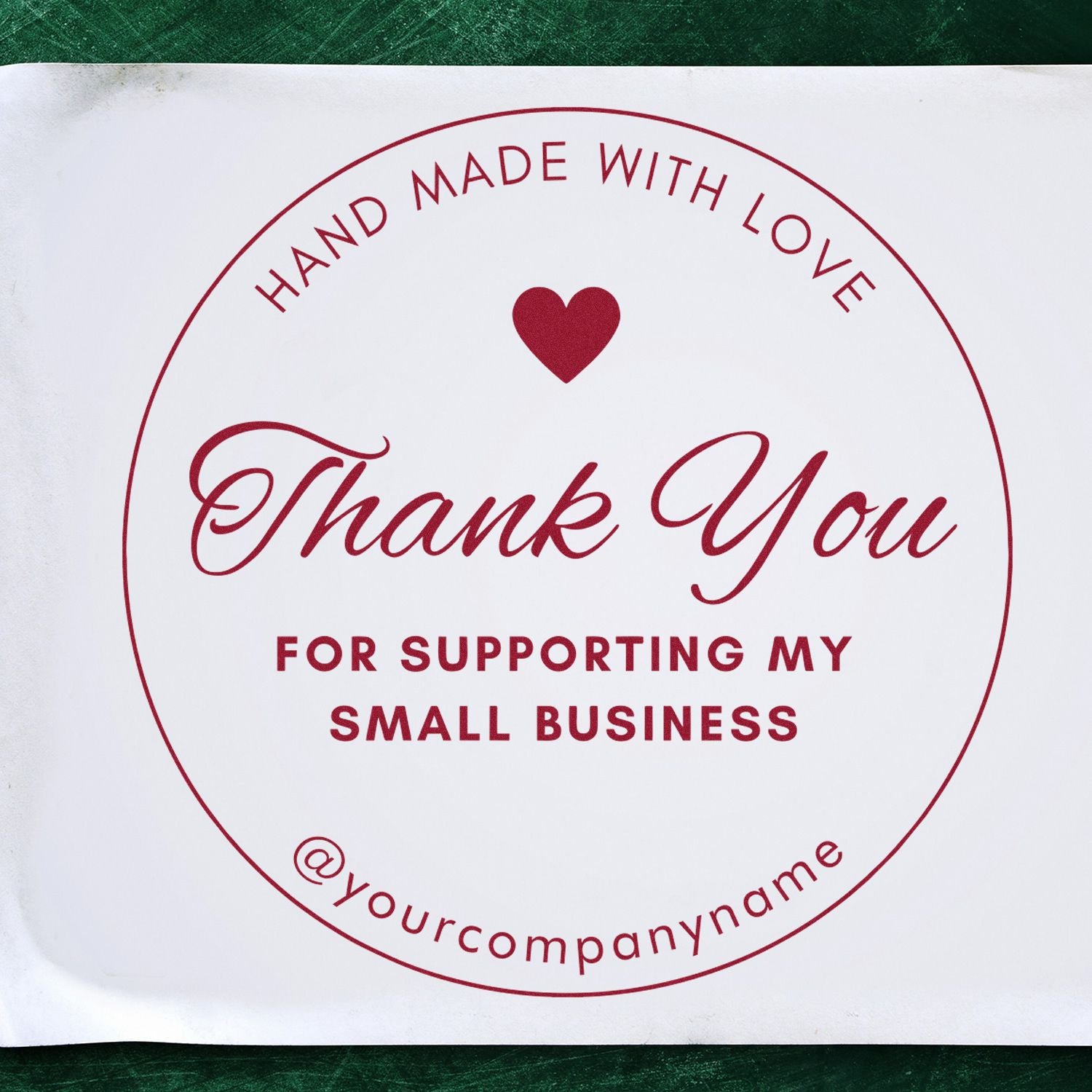 Custom red thank-you stamp seal with heart, handmade with love text, for supporting my small business.
