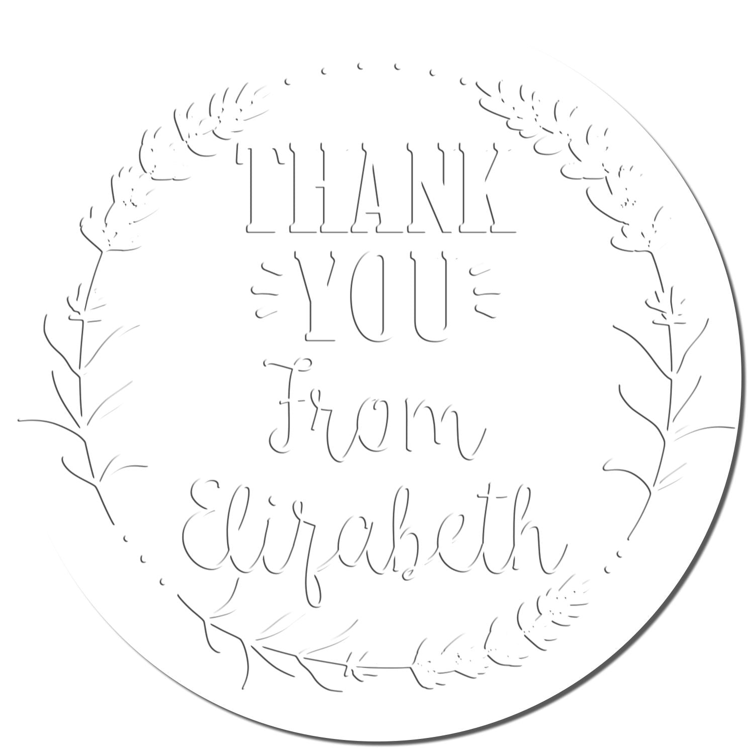 White round thank-you stamp seal with gray floral wreath and elegant “Thank You from Elizabeth” text