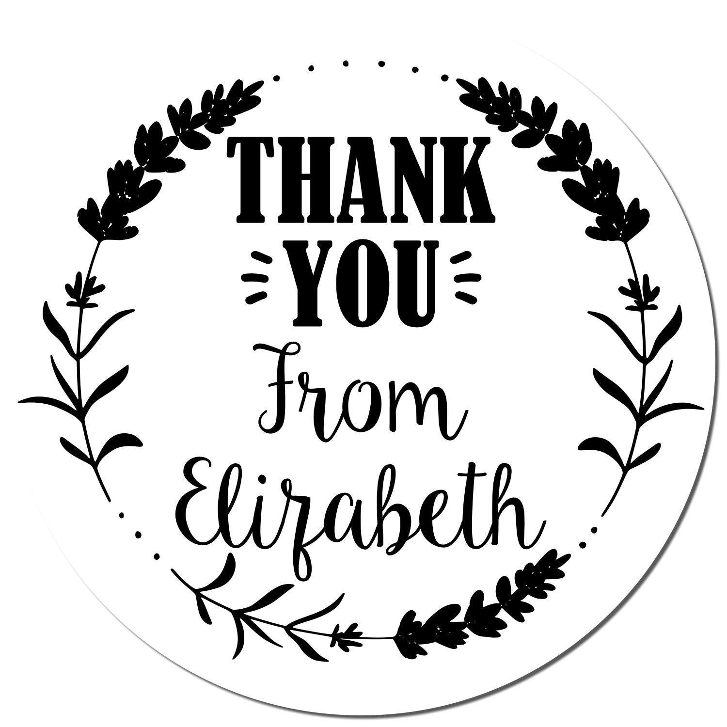 Black floral round thank-you stamp seal with THANK YOU from Elizabeth in black on a white background