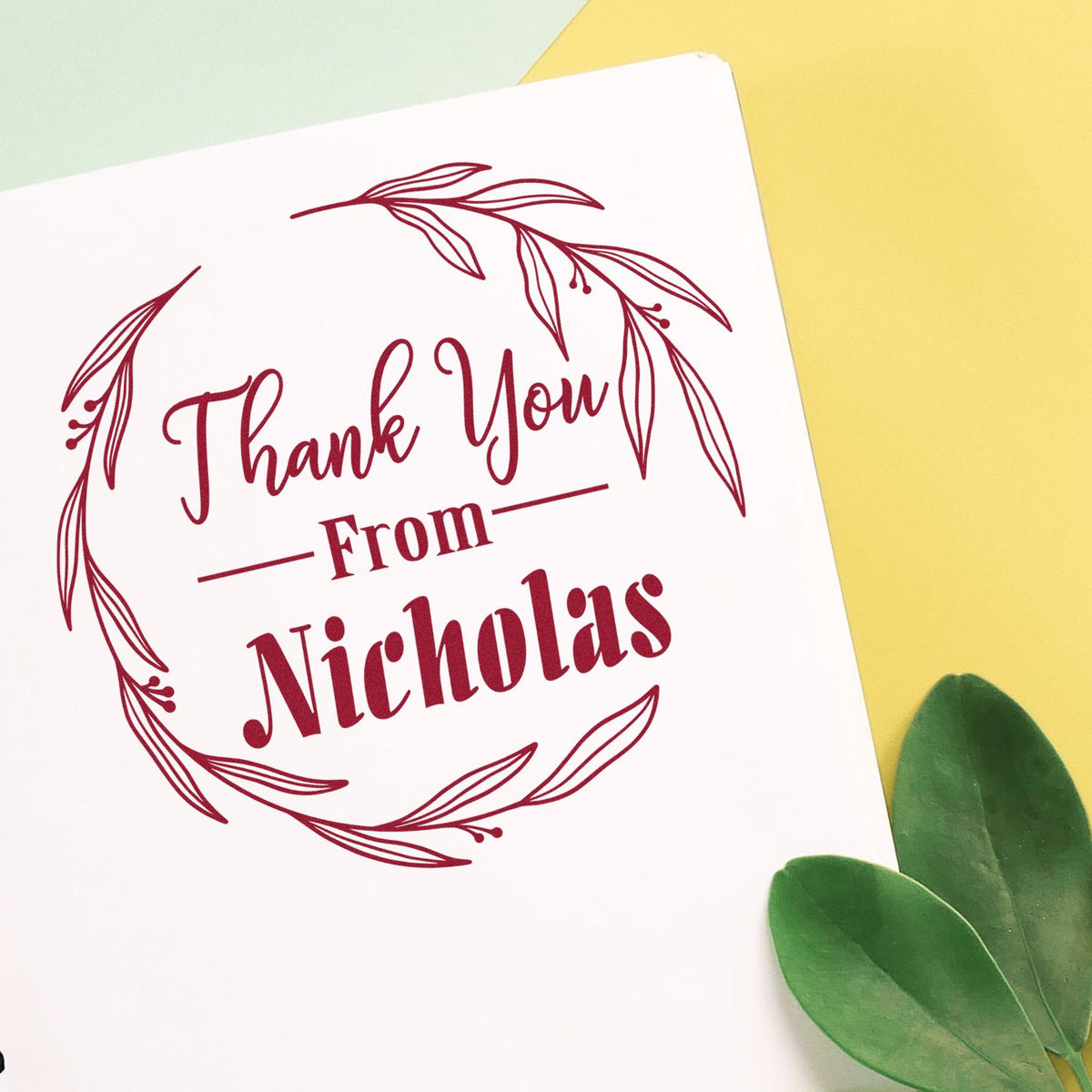 ESS Round Hand Drawn Elegant Gratitude Thank You Stamp in use, showcasing a detailed, customized thank you message on paper.