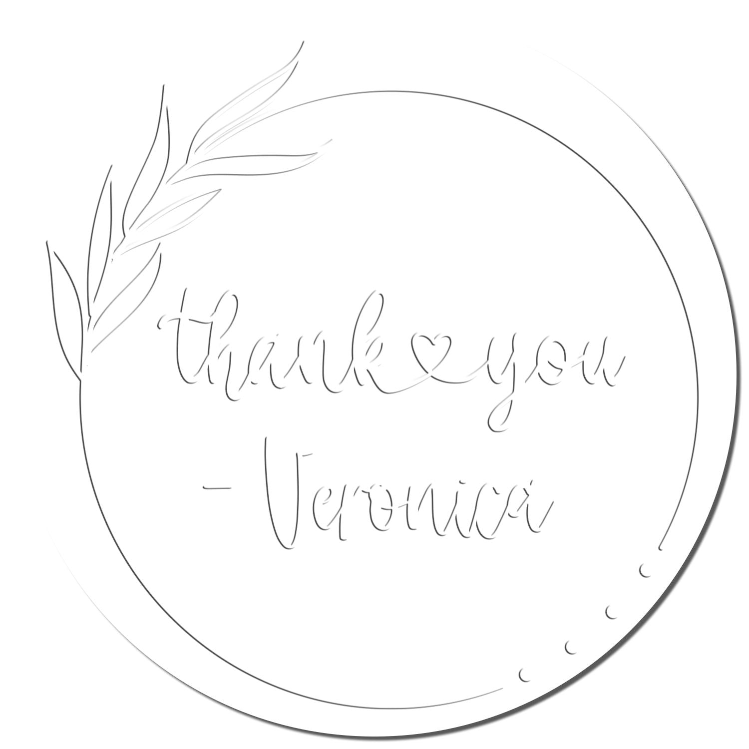 White round thank-you stamp seal with gray leaf accents and cursive Thank you - Veronica text.