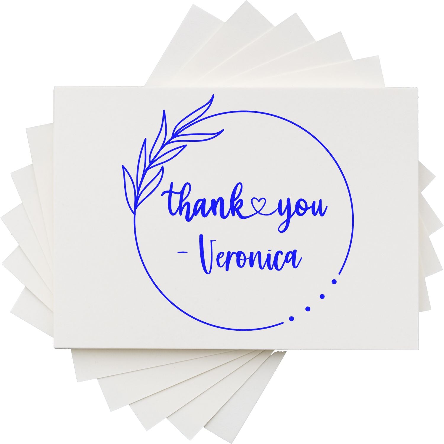 White stamp and seal cards with a blue custom thank-you design, leaf wreath, and Veronica script on stacked white samples.