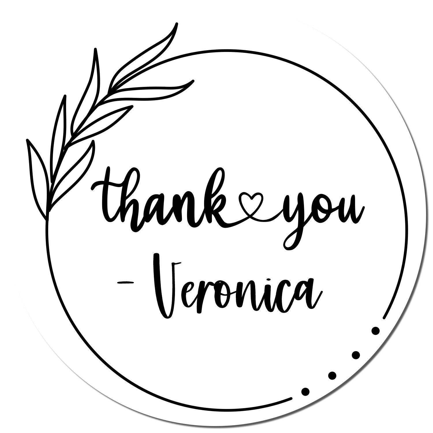 Black circular thank-you stamp seal with leafy accent, heart, and Veronica script on white background.