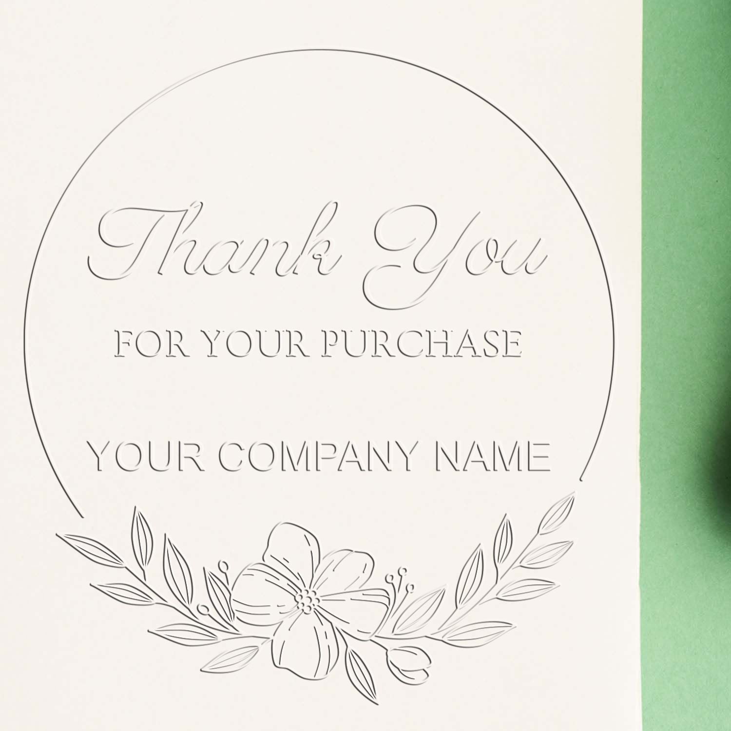 White circular thank-you stamp seal with black script text, floral line art, and a green border on the right.