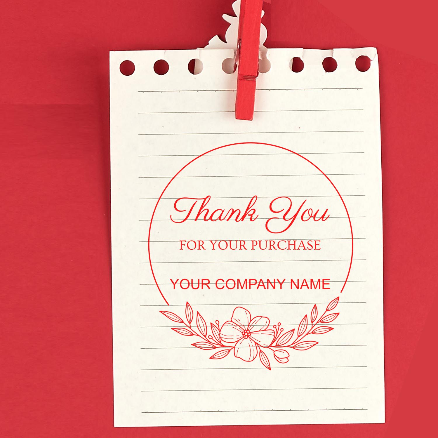 Red custom thank-you stamp seal on lined white paper, with floral border and Your Company Name text.