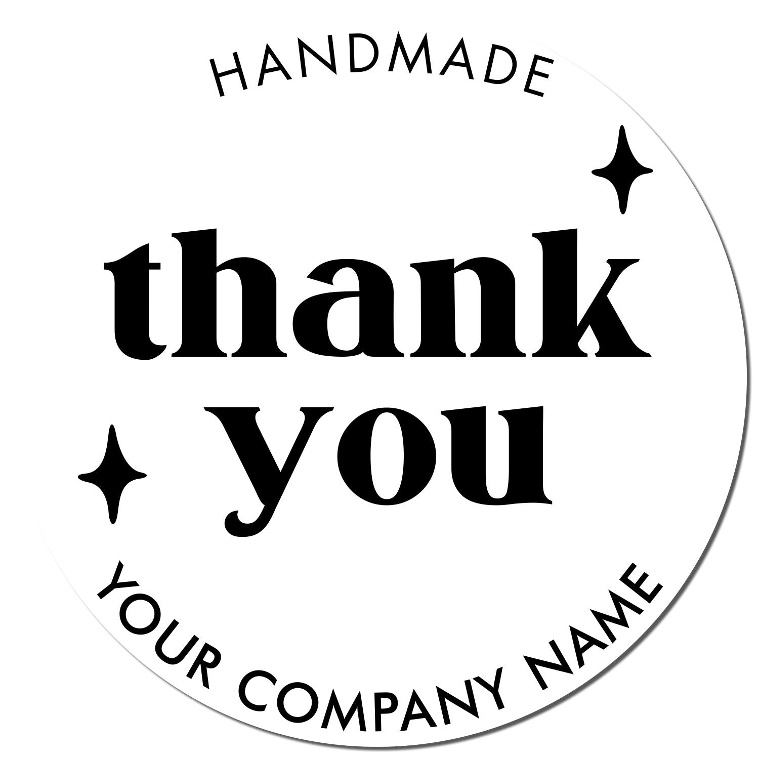 Round white handmade thank-you stamp seal with black text and sparkle icons, reading thank you and your company name.